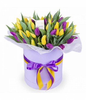 Коробка желтые фиолетовые тюльпаны: фото. Мир цветов Киров
